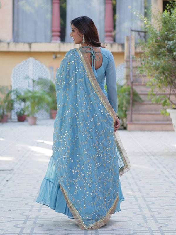 Sky Blue Ruffle Style Georgette Gown With Embroidered Work Dupatta