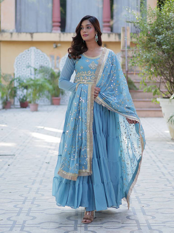 Sky Blue Ruffle Style Georgette Gown With Embroidered Work Dupatta