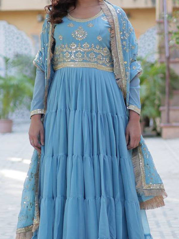 Sky Blue Ruffle Style Georgette Gown With Embroidered Work Dupatta