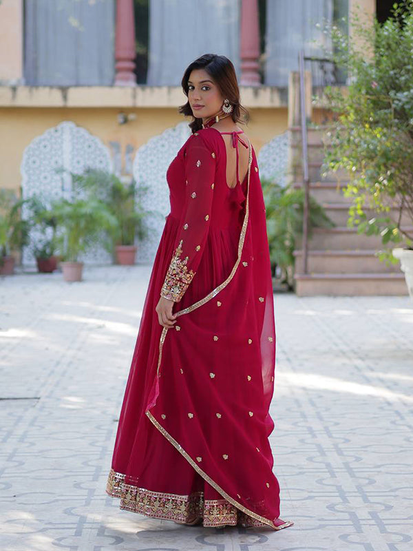 Pink Georgette Sequins Embroidered Work Gown With Dupatta