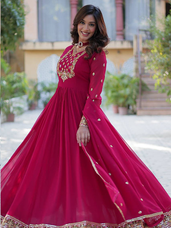Pink Georgette Sequins Embroidered Work Gown With Dupatta