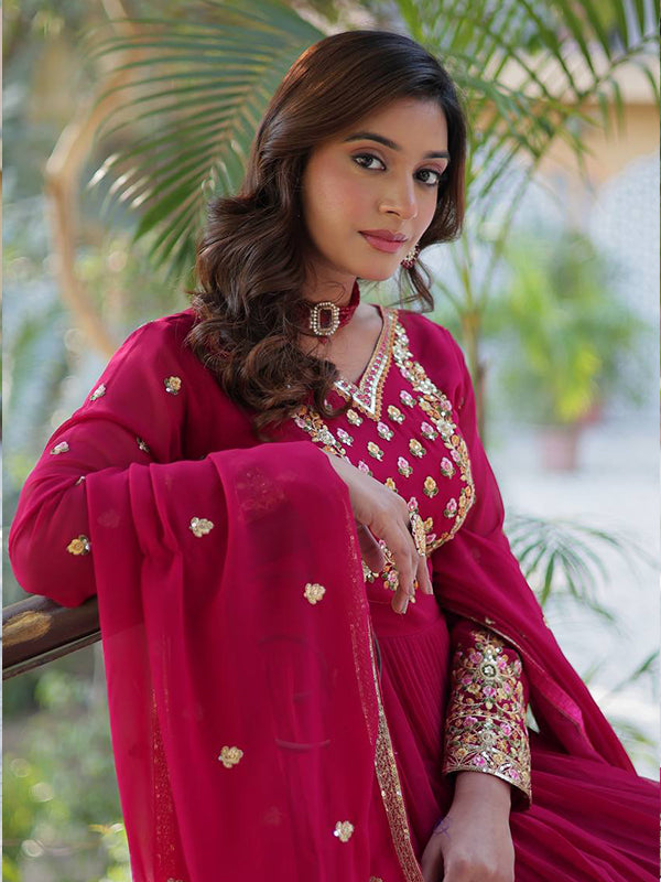 Pink Georgette Sequins Embroidered Work Gown With Dupatta