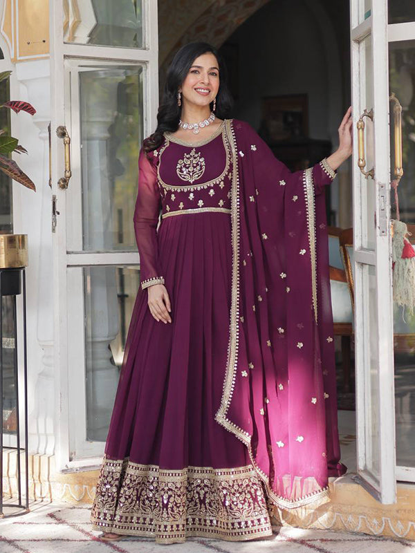 Wine Georgette Rich Sequins Embroidered Work Gown With Dupatta