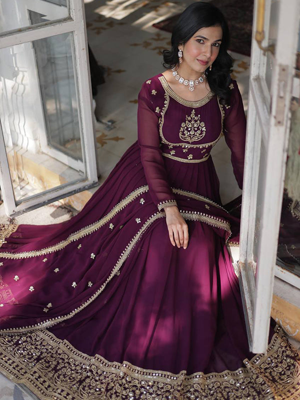 Wine Georgette Rich Sequins Embroidered Work Gown With Dupatta