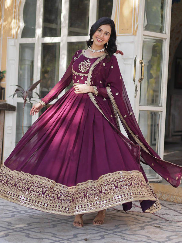 Wine Georgette Rich Sequins Embroidered Work Gown With Dupatta