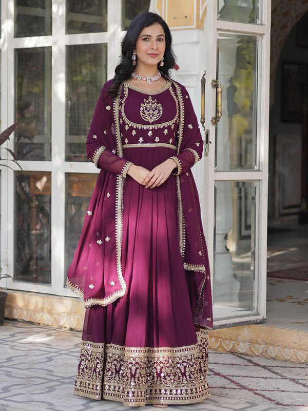 Wine Georgette Rich Sequins Embroidered Work Gown With Dupatta
