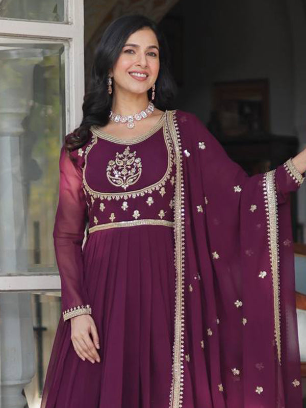 Wine Georgette Rich Sequins Embroidered Work Gown With Dupatta