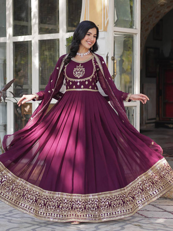 Wine Georgette Rich Sequins Embroidered Work Gown With Dupatta