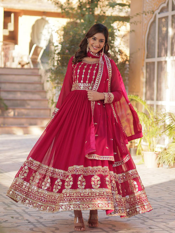 Pink Embroidery Zari Sequins Work Gown With Dupatta