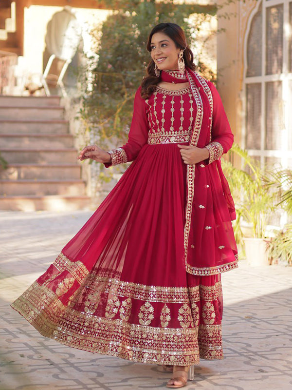 Pink Embroidery Zari Sequins Work Gown With Dupatta