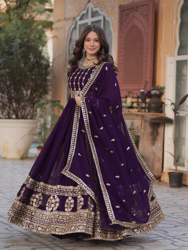 Purple Embroidery Zari Sequins Work Gown With Dupatta