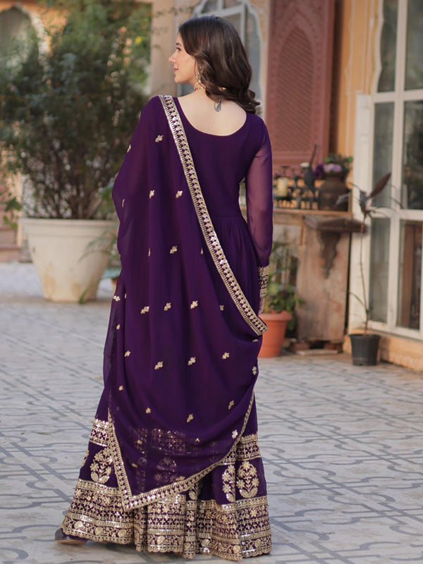 Purple Embroidery Zari Sequins Work Gown With Dupatta