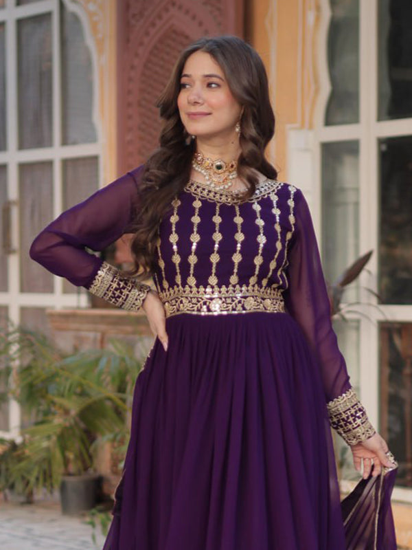 Purple Embroidery Zari Sequins Work Gown With Dupatta