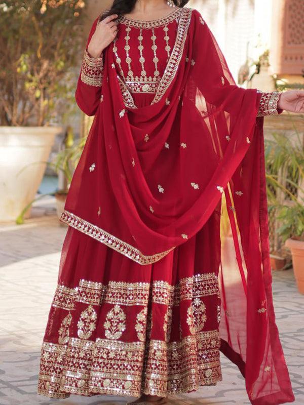Red Embroidery Zari Sequins Work Gown With Dupatta