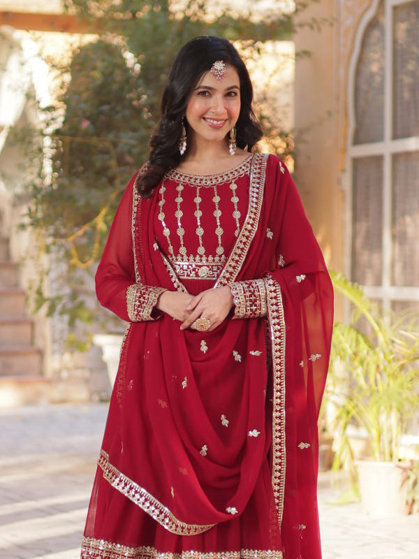 Red Embroidery Zari Sequins Work Gown With Dupatta