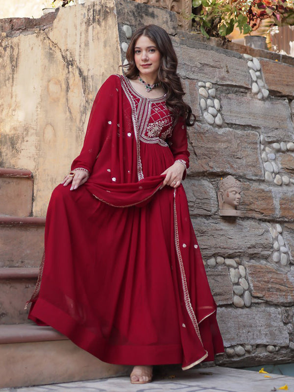 Maroon Faux Blooming Gown With Sequins Beads Embroidered Work