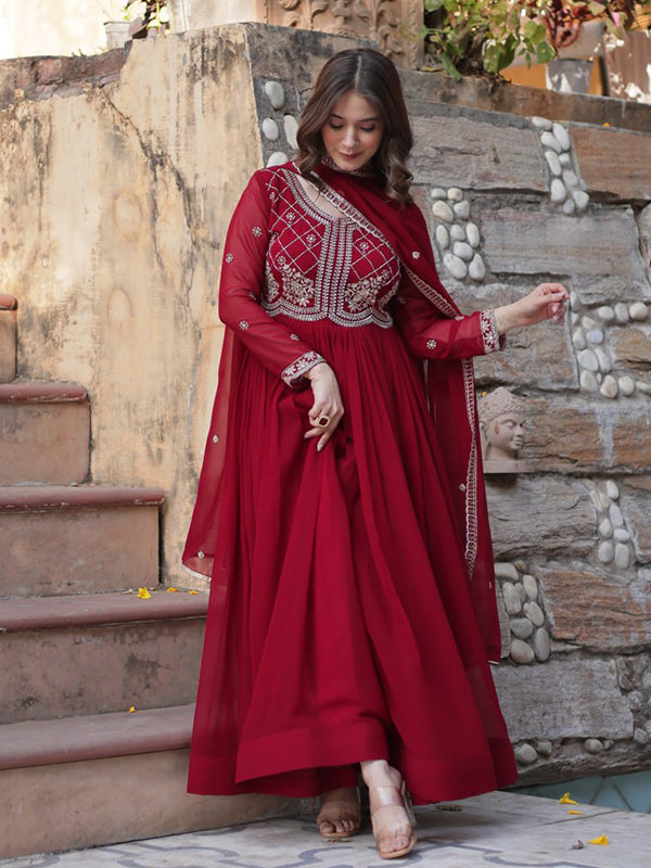 Maroon Faux Blooming Gown With Sequins Beads Embroidered Work