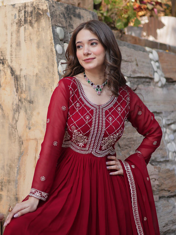 Maroon Faux Blooming Gown With Sequins Beads Embroidered Work