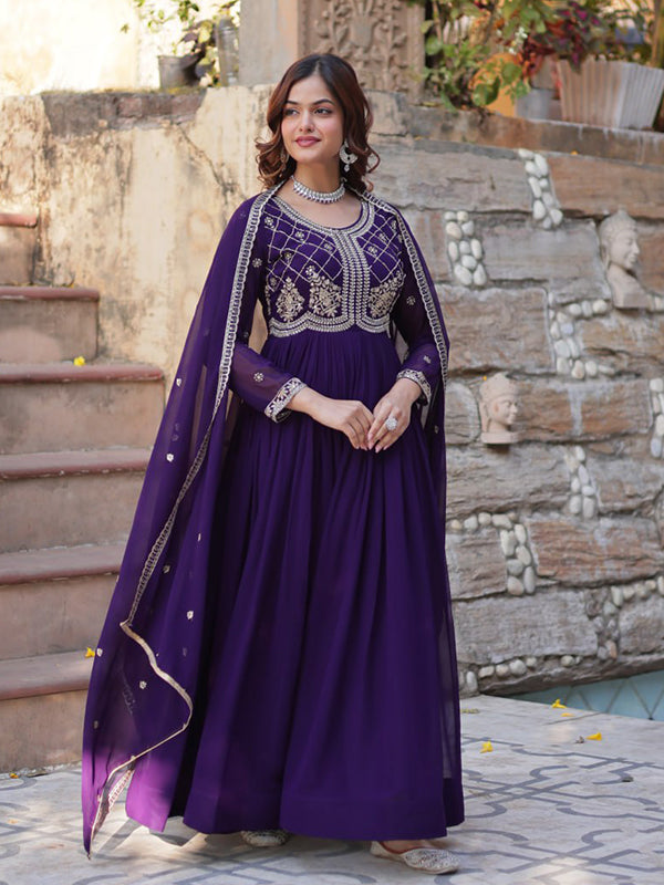 Purple Faux Blooming Gown With Sequins Beads Embroidered Work