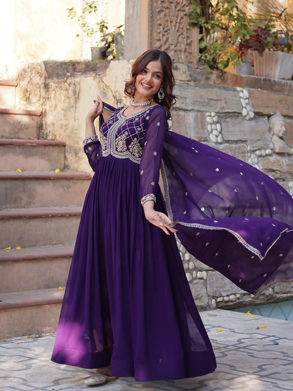 Purple Faux Blooming Gown With Sequins Beads Embroidered Work