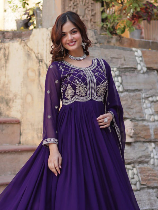Purple Faux Blooming Gown With Sequins Beads Embroidered Work