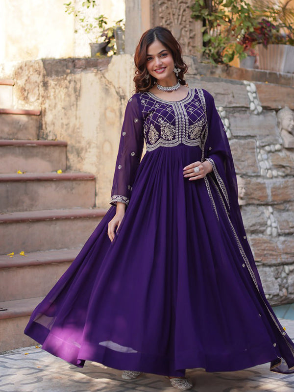 Purple Faux Blooming Gown With Sequins Beads Embroidered Work