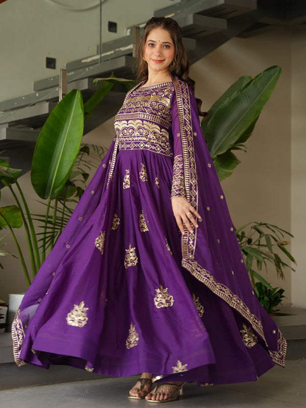 Purple Chinnon Sequins Embroidered Work Gown With Dupatta