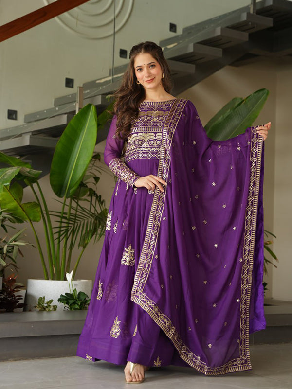 Purple Chinnon Sequins Embroidered Work Gown With Dupatta