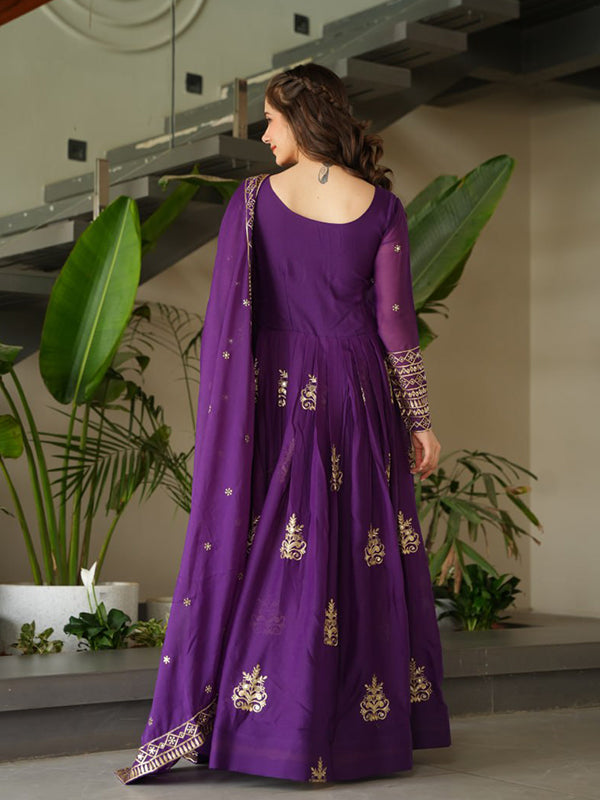 Purple Chinnon Sequins Embroidered Work Gown With Dupatta