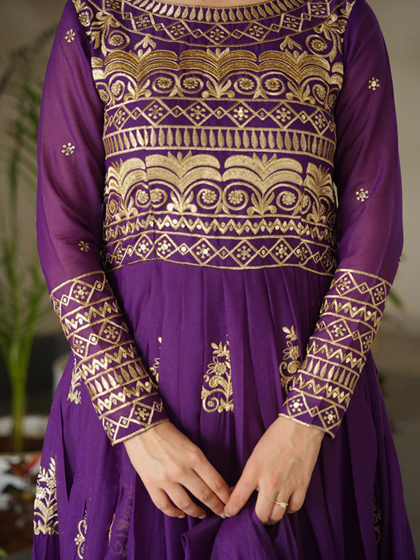Purple Chinnon Sequins Embroidered Work Gown With Dupatta