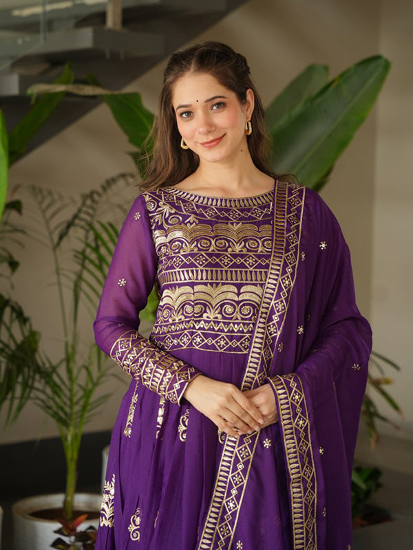 Purple Chinnon Sequins Embroidered Work Gown With Dupatta