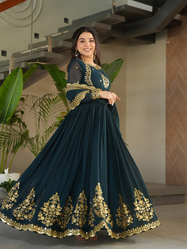 Bottle Green Faux Blooming Georgette Sequins Embroidery Gown With Dupatta