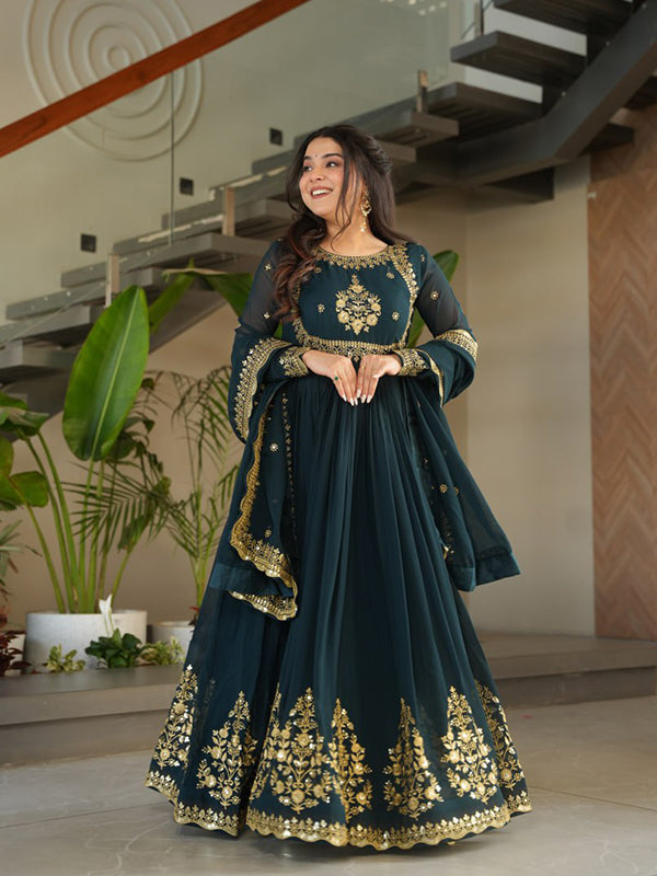 Bottle Green Faux Blooming Georgette Sequins Embroidery Gown With Dupatta
