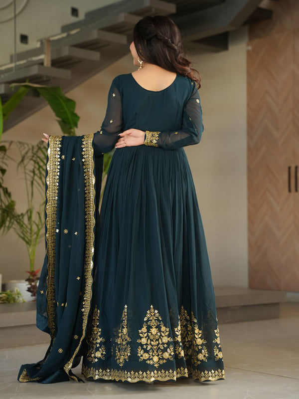 Bottle Green Faux Blooming Georgette Sequins Embroidery Gown With Dupatta