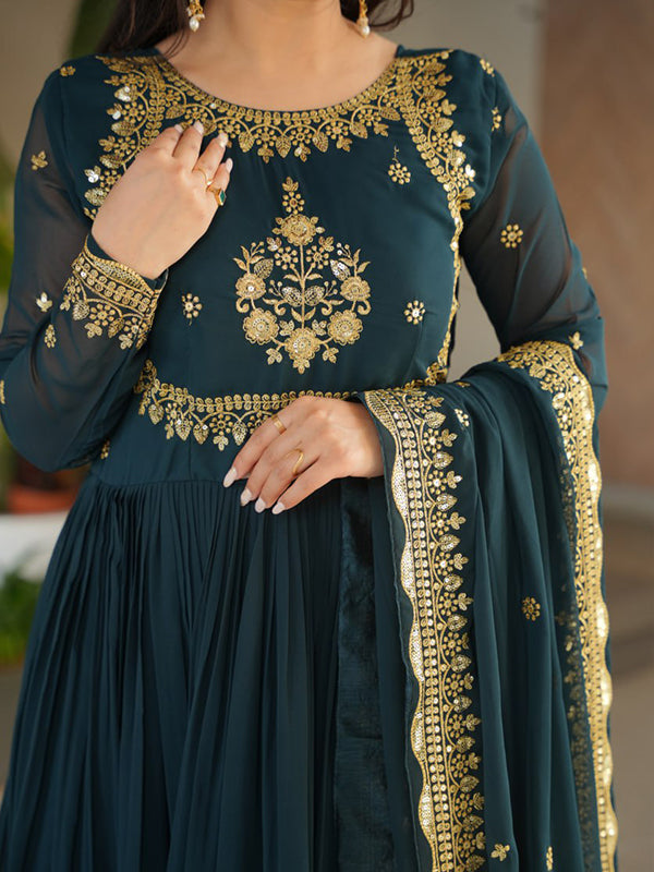Bottle Green Faux Blooming Georgette Sequins Embroidery Gown With Dupatta