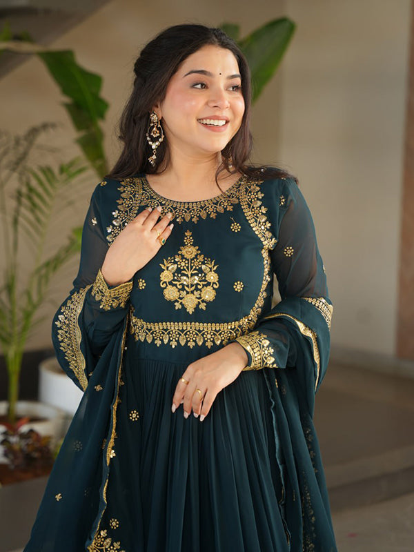 Bottle Green Faux Blooming Georgette Sequins Embroidery Gown With Dupatta