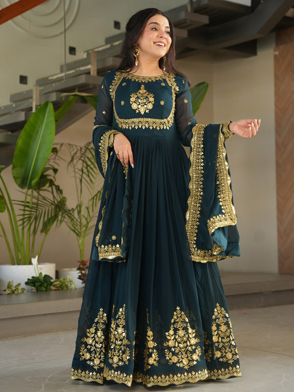 Bottle Green Faux Blooming Georgette Sequins Embroidery Gown With Dupatta
