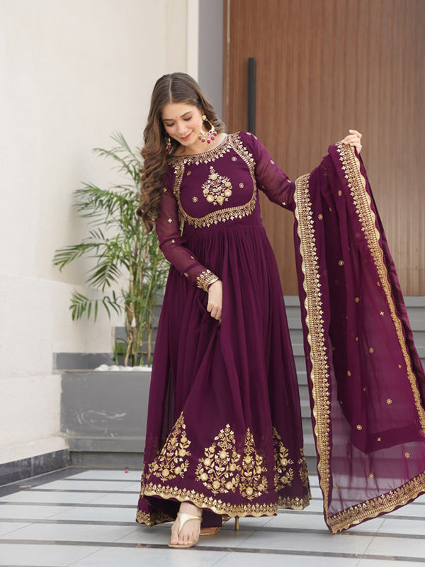 Wine Faux Blooming Georgette Sequins Embroidery Gown With Dupatta