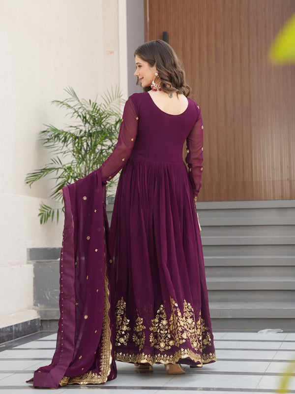 Wine Faux Blooming Georgette Sequins Embroidery Gown With Dupatta