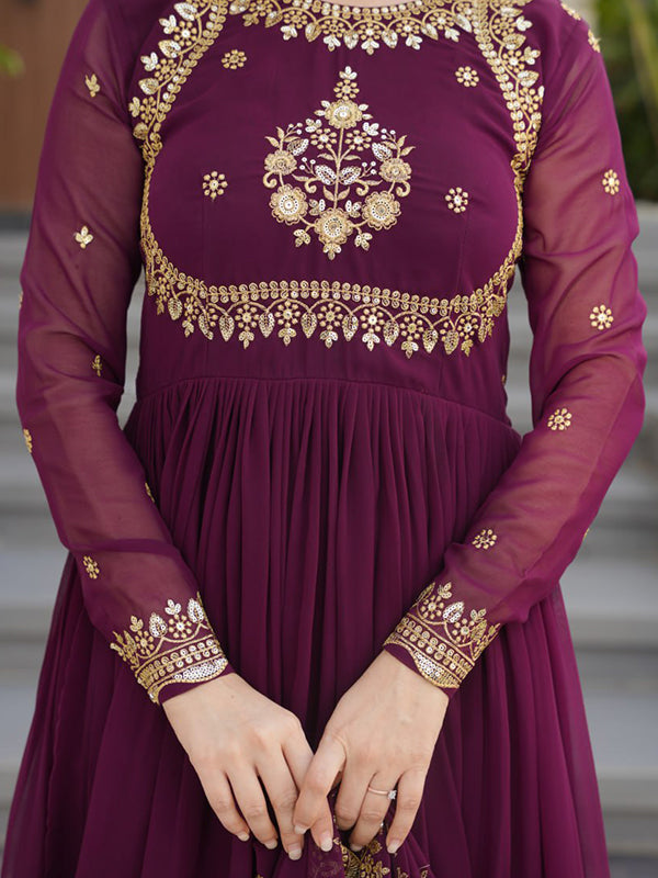 Wine Faux Blooming Georgette Sequins Embroidery Gown With Dupatta