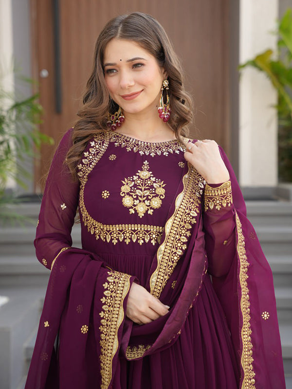 Wine Faux Blooming Georgette Sequins Embroidery Gown With Dupatta