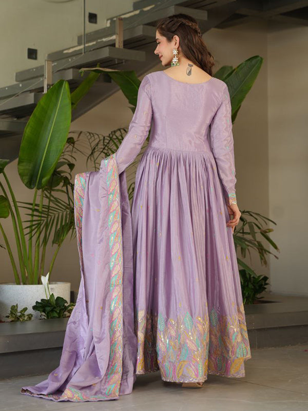 Lavender Sequins Embroidered Work Chinon Gown With Dupatta