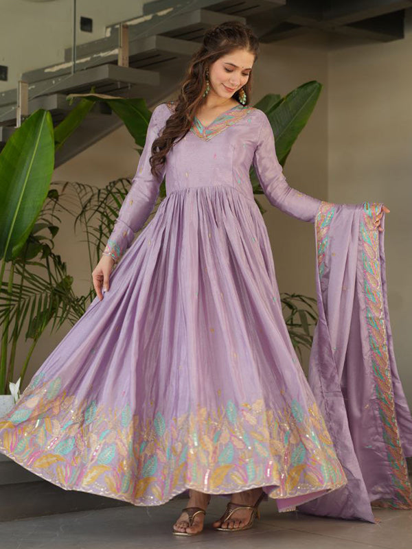 Lavender Sequins Embroidered Work Chinon Gown With Dupatta