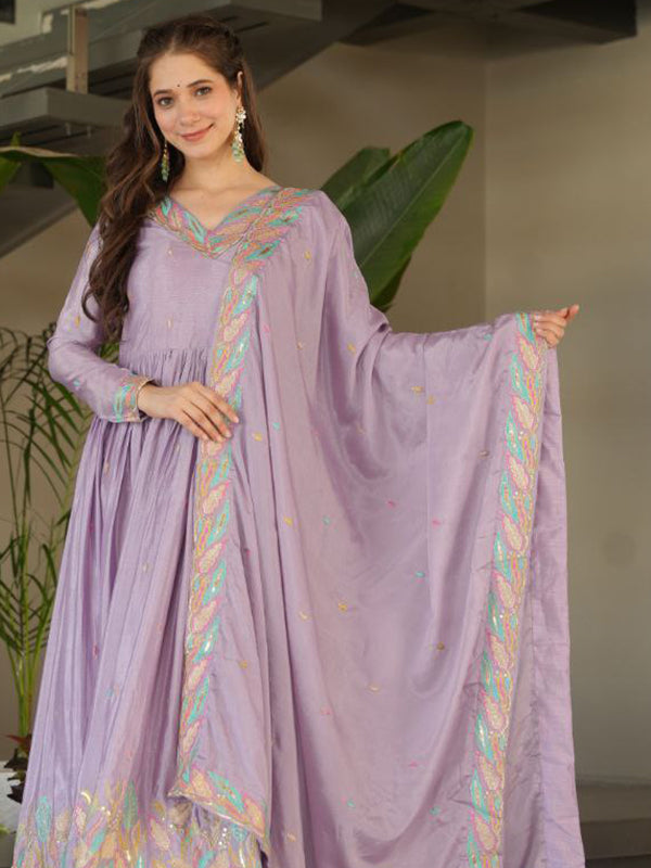 Lavender Sequins Embroidered Work Chinon Gown With Dupatta
