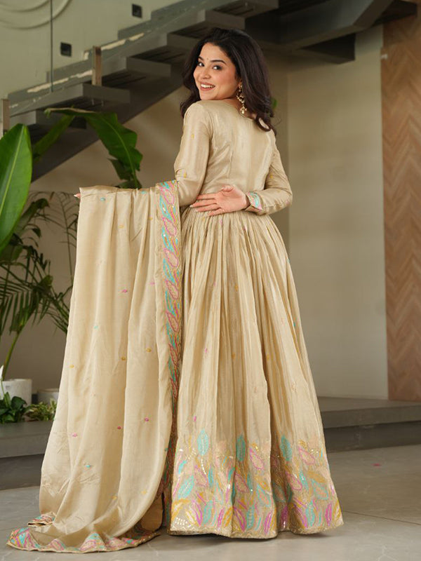 Off White Sequins Embroidered Work Chinon Gown With Dupatta