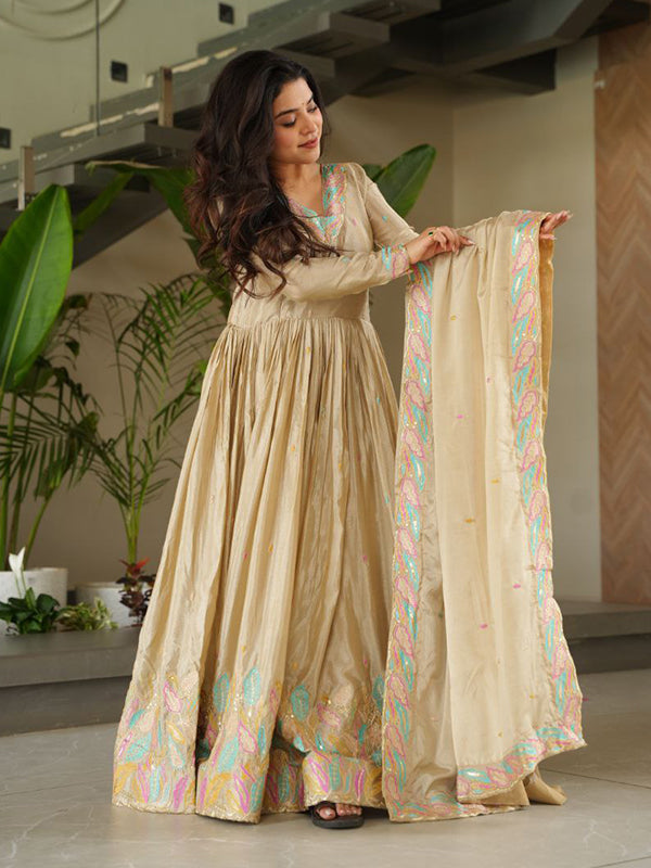 Off White Sequins Embroidered Work Chinon Gown With Dupatta