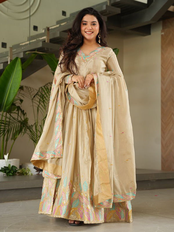 Off White Sequins Embroidered Work Chinon Gown With Dupatta