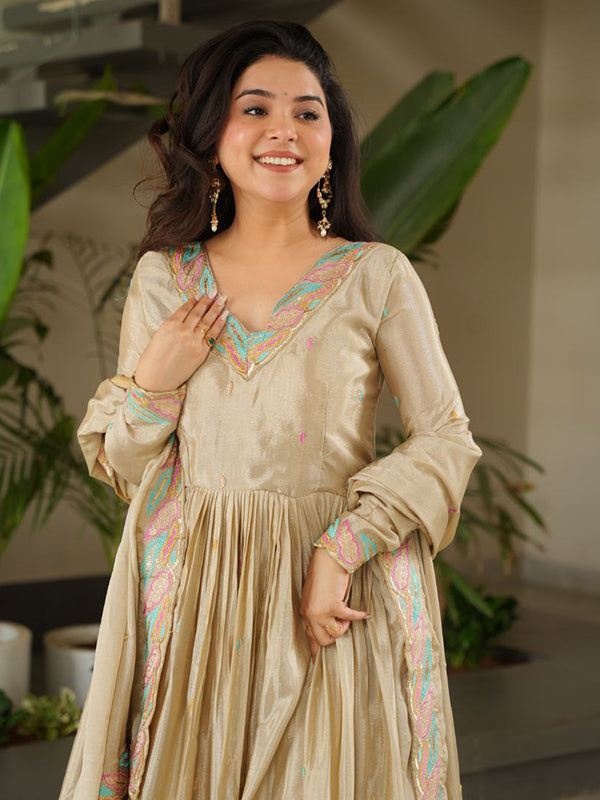 Off White Sequins Embroidered Work Chinon Gown With Dupatta