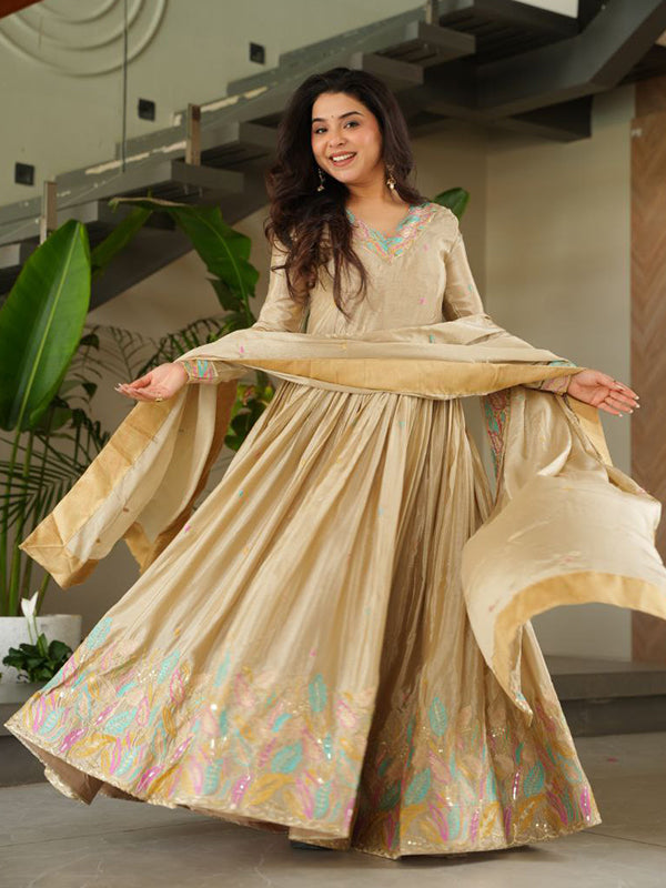 Off White Sequins Embroidered Work Chinon Gown With Dupatta