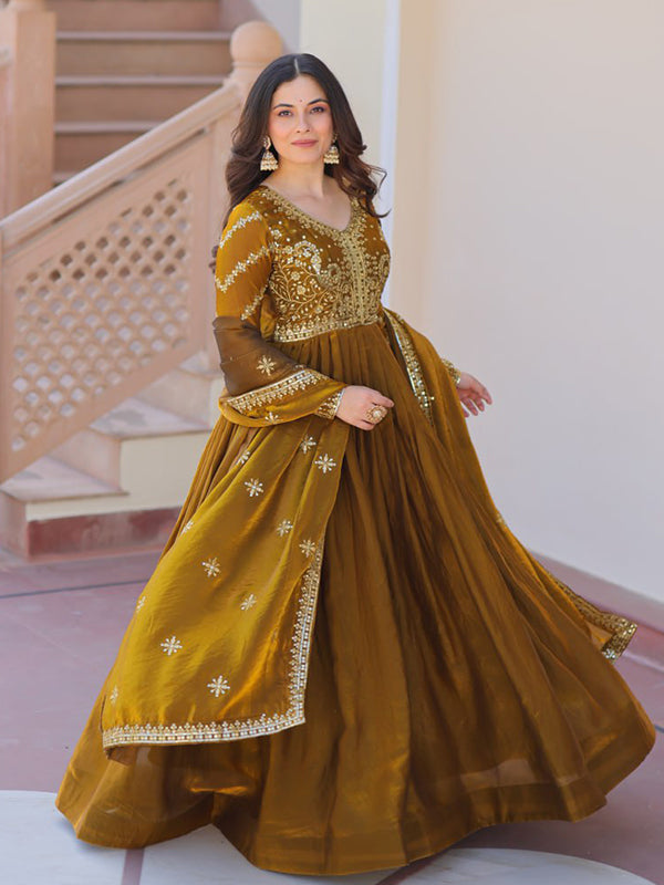 Mehndi Green Fendy Gown With Sequins-Multi Embroidered Work